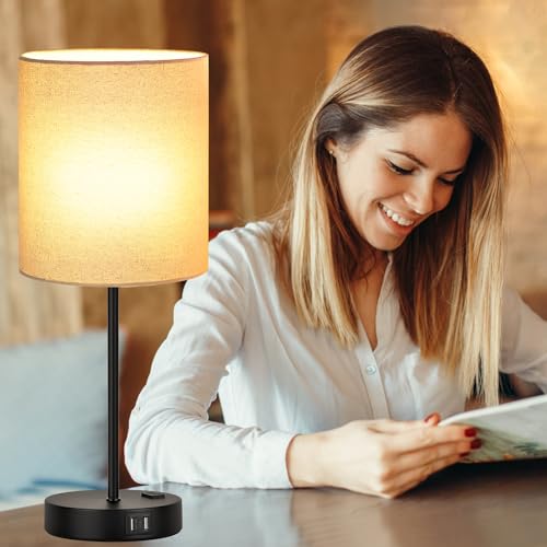 Set of 2 Touch Beige Table Lamps with 2 USB Ports & AC Outlet (Beige Linen & Matte Black (Base) - 2700K)
