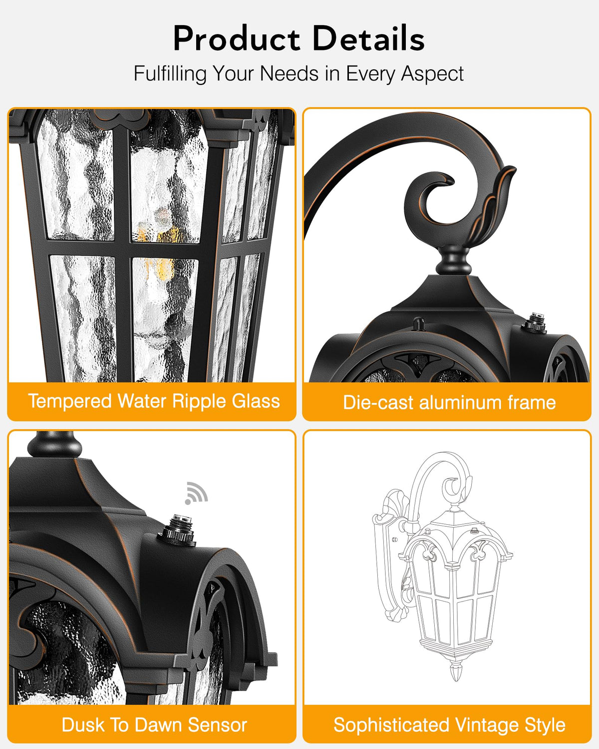 Outdoor Lights for House (Black(Gold Trim) / Down 2-Pack)