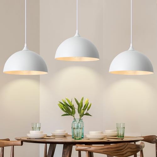 3 Pack White Pendant Lights Kitchen Island 11.8" Modern Dome Pendant Light Fixtures Farmhouse Industrial Vintage Hanging Ceiling Light Fixture for Dining Room Foyer Hallway Bar Cafe Kitchen (White / 11.8 inch (3PCS))