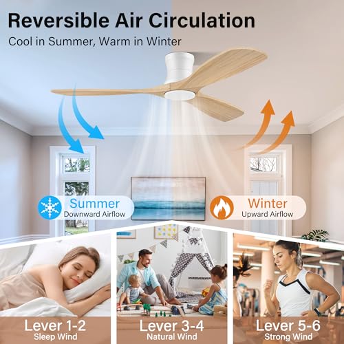 52Inch Wood Flush Mount Ceiling Fans with Lights Remote (Light Wood& White)