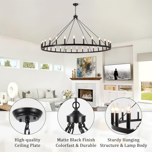 30 Lights Black Extra Large Wagon Wheel Chandelier (Black - 30 Lights - 60in)