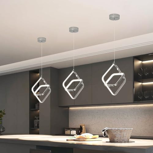 Modern LED Chandelier Chrome Rectangular Pendant Light Fixtures 4000K 20W Dimmable Height Adjustable Pendant Lighting for Dining Room Kitchen Island Bedroom Living Room Foyer（3 (Chrome / Square-3Pack)