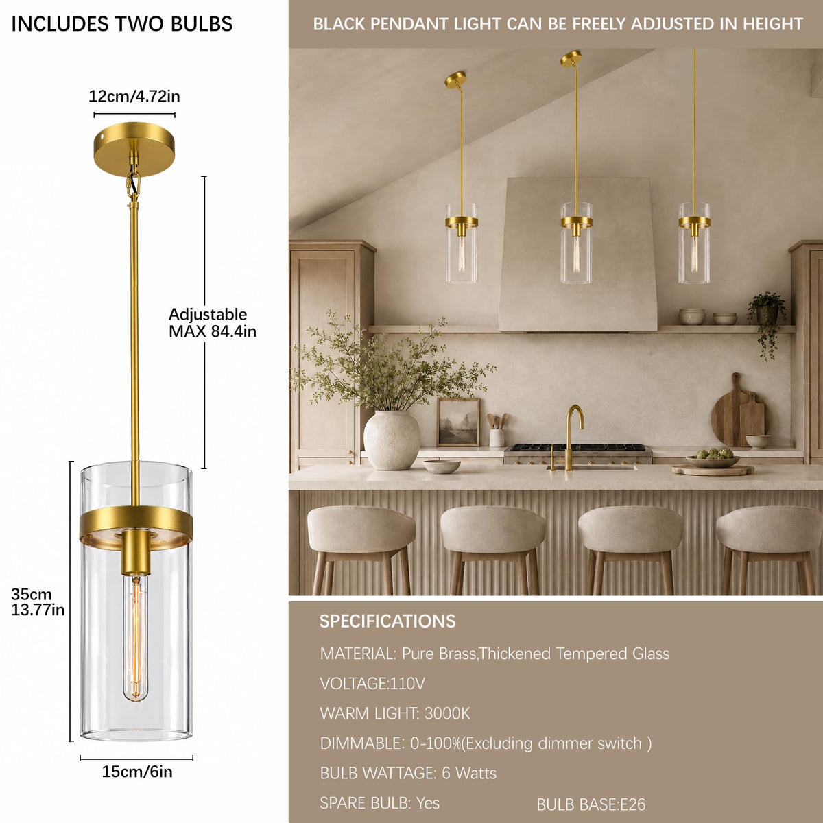 6 Inch Brass Pendant Lights Kitchen Island 2 Pc (Brass-6-IN-2PC)