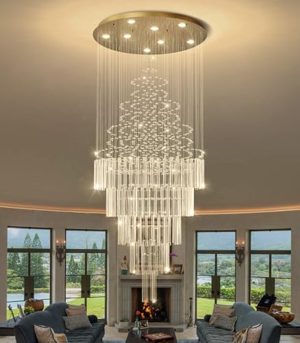 W24 x H78 Crystal Glam Chandelier Long Light Chandeliers with Dimmable Light Bulbs High Ceiling Light Fixtures for Foyer Entryway Living Room Stair Gold (Gold / Round W24" X H78")