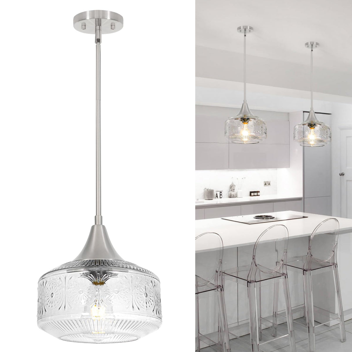 Brushed Nickel Pendant Light Adjustable Hanging Light for Kitchen Island (Nickel+Clear Glass / 9.25in)