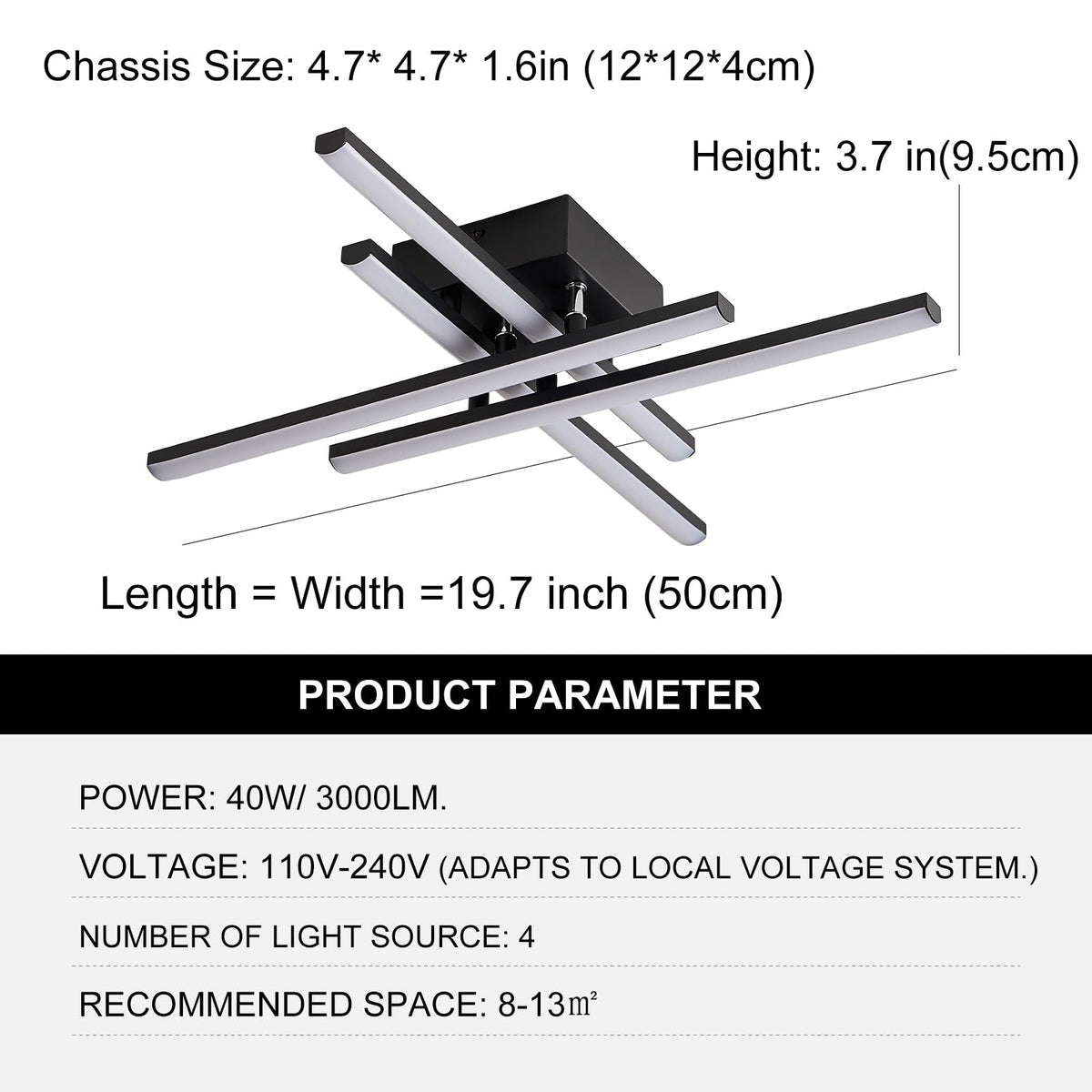 Modern LED Ceiling Light with Remote (4-Square-Black)