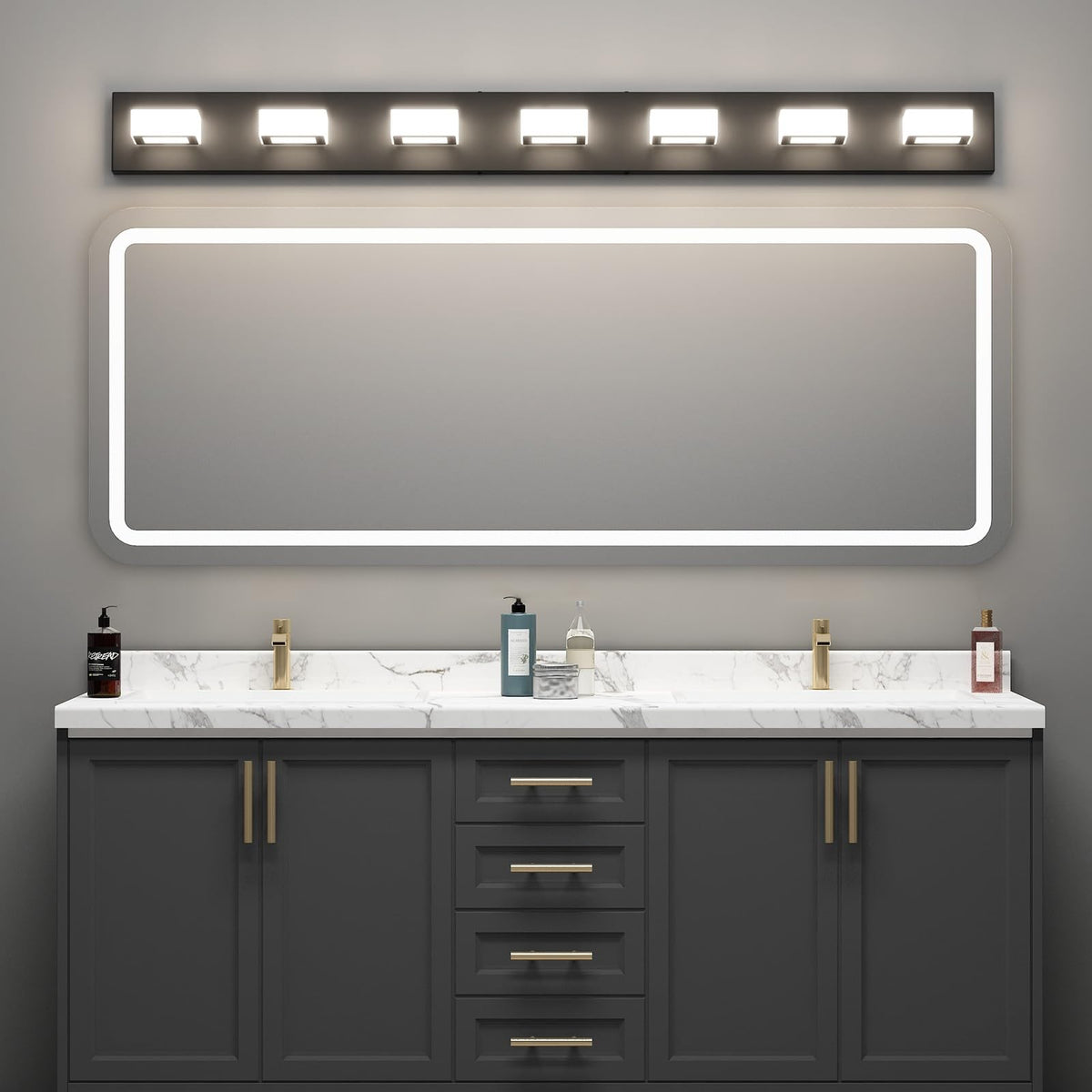 46" LED Matte Black Vanity Lights 7 Lights Acrylic Metal Black Modern Vanity Lights Black Bathroom Lighting Fixtures Over Long Mirror (Black-Natural light / 46 inch)