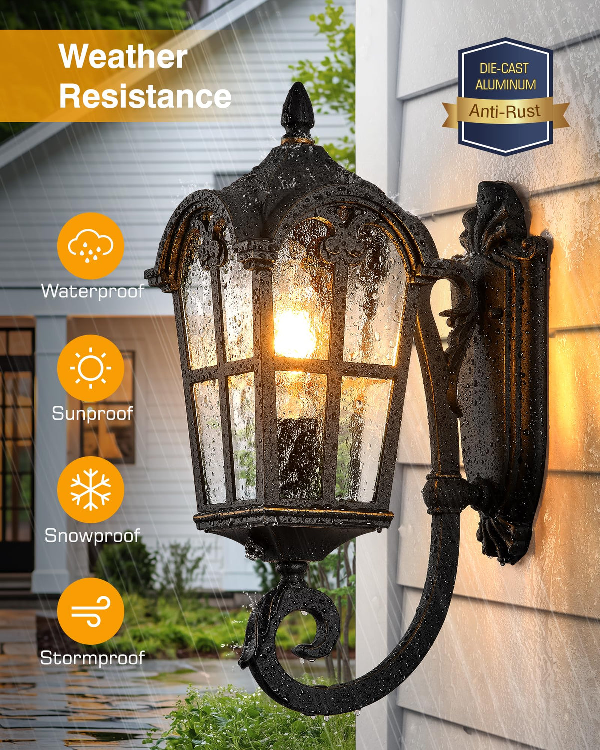 16.9" H Black Dusk to Dawn Outdoor Wall Lights Wall Mount (Black(Gold Trim) / Up 2-pack)