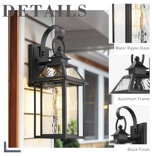 Exterior Wall Porch Light (Black - Water Ripple Glass / 16.3 Inch - No Function)