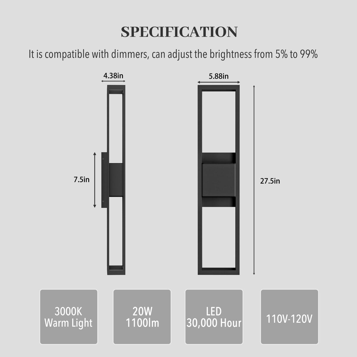 3000K Up Down LED Outdoor Wall Lights with Rectangle Linear Metal (27.5 Inch)