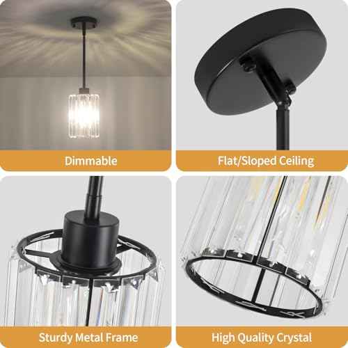 2 Pack Black Pendant Lights Kitchen Island Crystal Hanging Lighting Fixture (2-Pack Black)