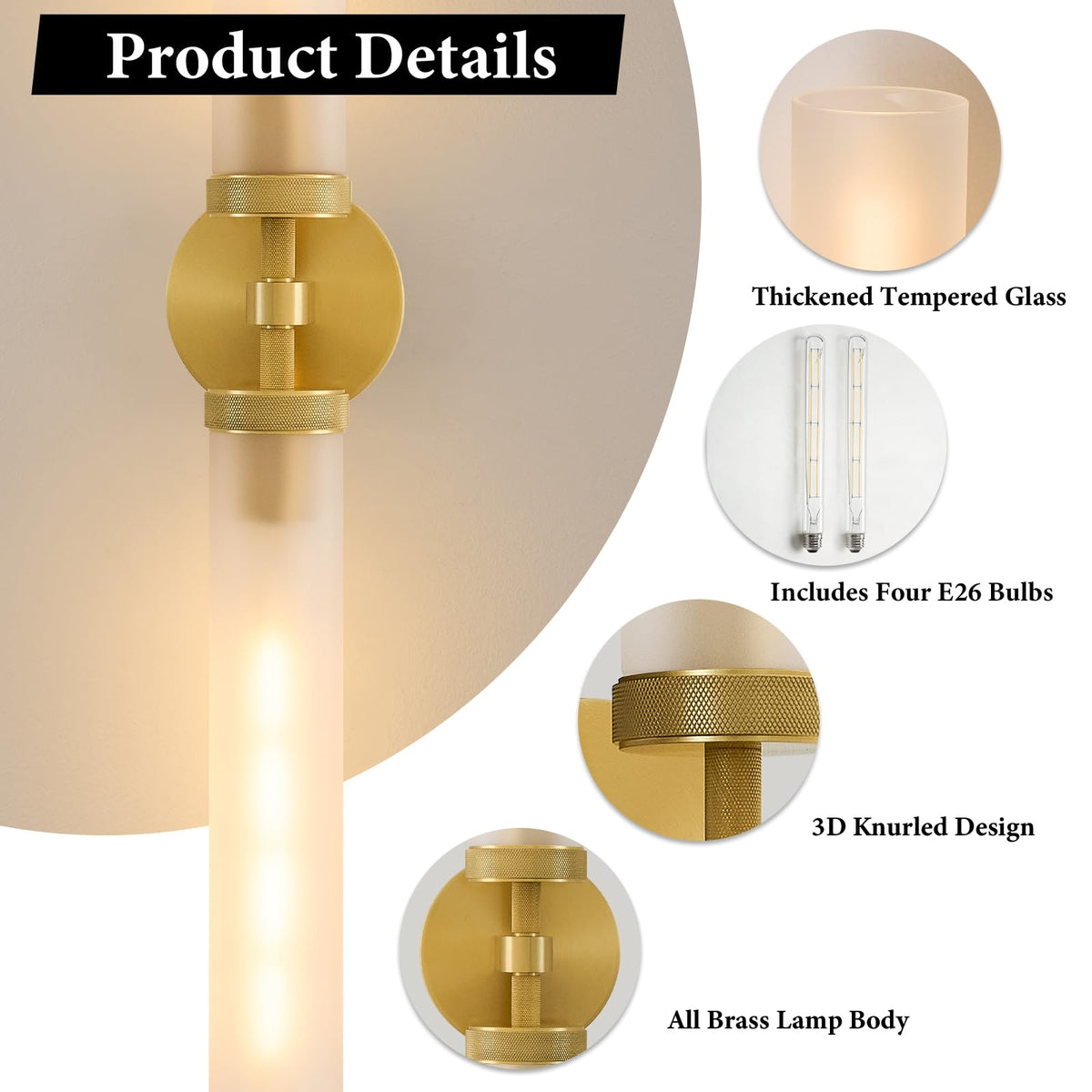 Gold Brass Bathroom Wall Sconce (Elegant Gold-Frosted Glass / 2 Pack)