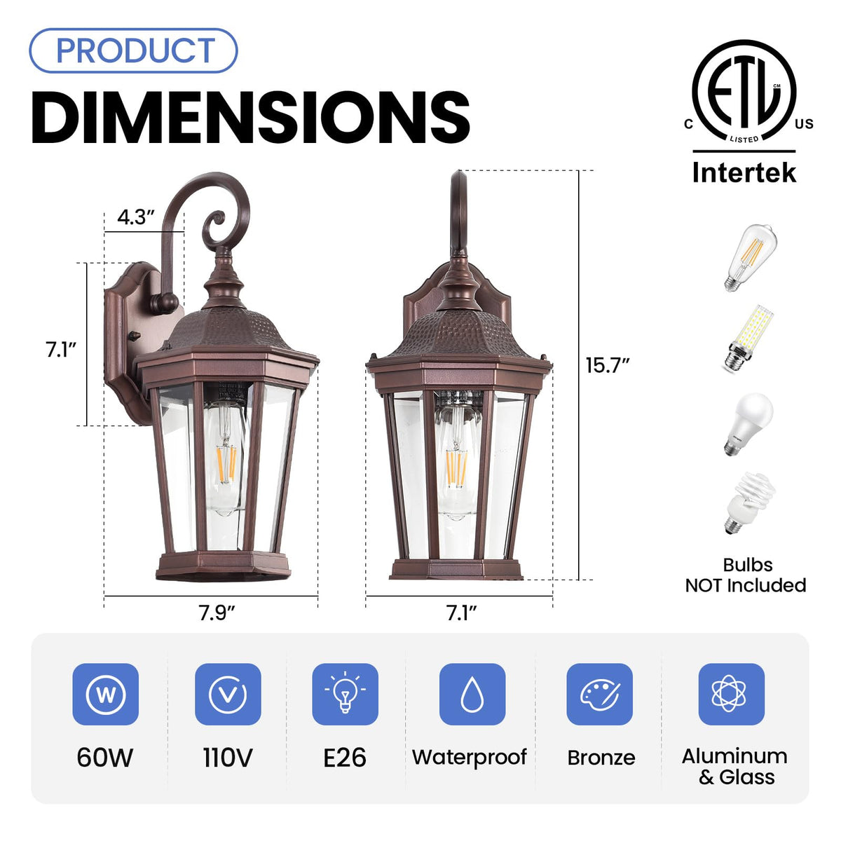 Outdoor Wall Lantern 16'' Brown Aluminum Outdoor Wall Light Fixtures (Brown & Clear Glass / 15.7 inch-Wall Lamp)