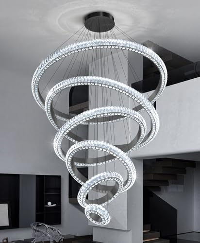 47" 6 Ring Crystal Chandelier Modern LED Dimmable Ring Pendant Light Chandelier for Dining Room Living Room Black (Black / 6 Ring Round 47")