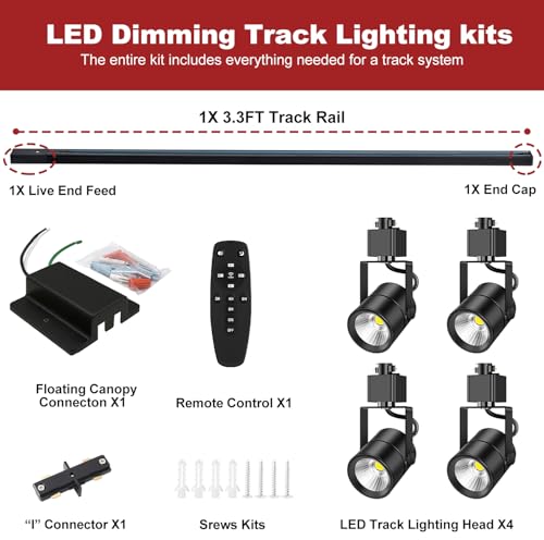 4 Light Track Lighting Kit with 3.3FT H Type Track Lighting Rail and Floating Canopy Connector (Black / 4 Lights)