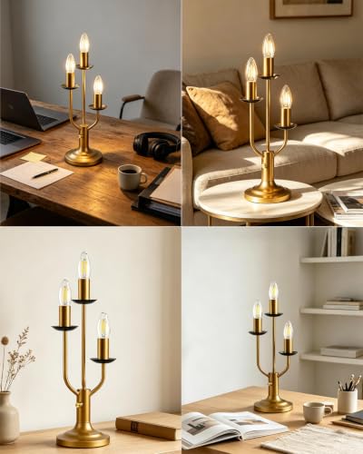 Vintage Candelabra Table Lamp Dimmable Gold Lamp E12 Bulbs Included (20-Gold-Candelabra-3U)