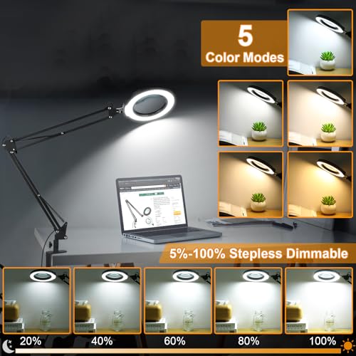 12X Large Magnifying Glass with Light and Clamp (Black / 12X 32inch Clamp)