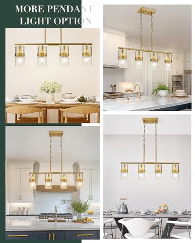 4 Light Brushed Gold Island Chandelier Lights for Kitchen (Gold -Hammered Glass / 3.5" Hammered Glass, 4-Light)
