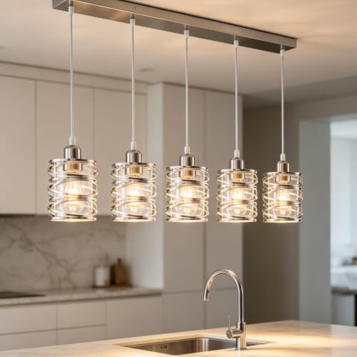 Brushed Nickel 5 Lights Modern Pendant Light for Kitchen Island (Brushed Nickel Clear Glass / 5 Light)
