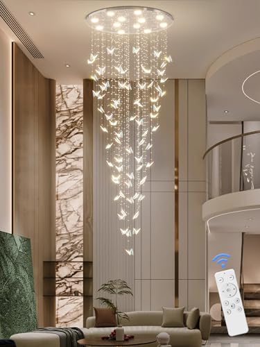 H102 High Ceiling Chandelier Modern Crystal Chandeliers Lighting Raindrop Large Chandelier for Staircase Foyer Entryway Living Room Dimmable 3000 (Silver / Dia 32")