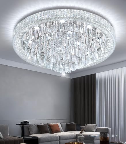Crystal Chandeliers Modern LED Dimmable Flush Mount Ceiling Chandeliers for Living Room High Ceiling Entrance Foyer Bedroom Dining Room (Silver / 39.3" Width)