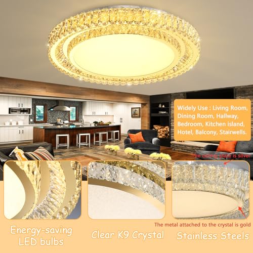 31.4" Dimmable Crystal Chandelier Modern LED Flush Mount Ceiling Light Fixtures for Living Room Bedroom Hallway Kitchen Island Staircase Gold (31.4" Gold)