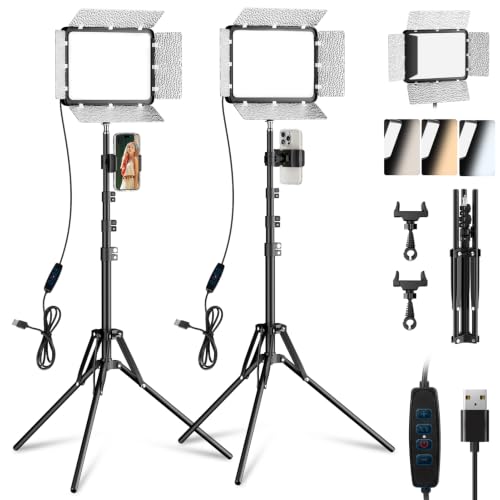 2 Pack 15W LED Video Light Kit with Phone Holder & Barndoor (15W / 29-73inch)