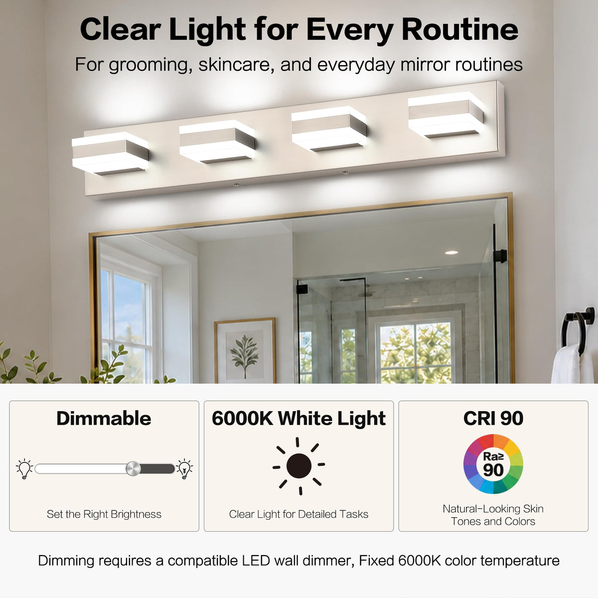 30 Inch Bathroom Vanity Lights Brushed Nickel Light Fixtures for Bathroom Above Mirror 4 Light Led Lights Bath Lighting Fixture Nickel ETL Listed (Brushed Nickel,6000K & 100% -0% Dimmable Brightness / 4- Light,30Inch)