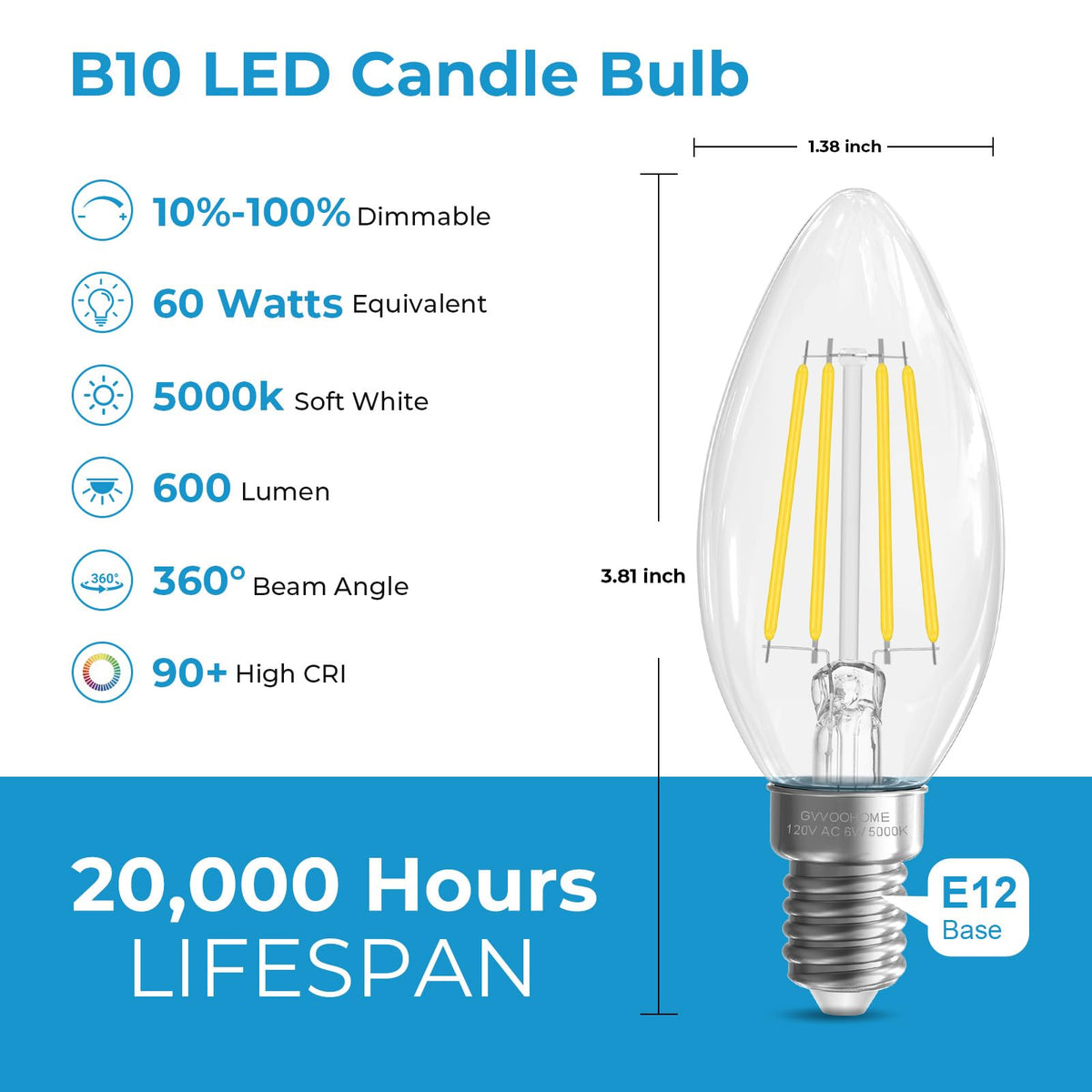 Candelabra Light Bulbs 60 watt Equivalent (24 Pack / 60w Daylight)