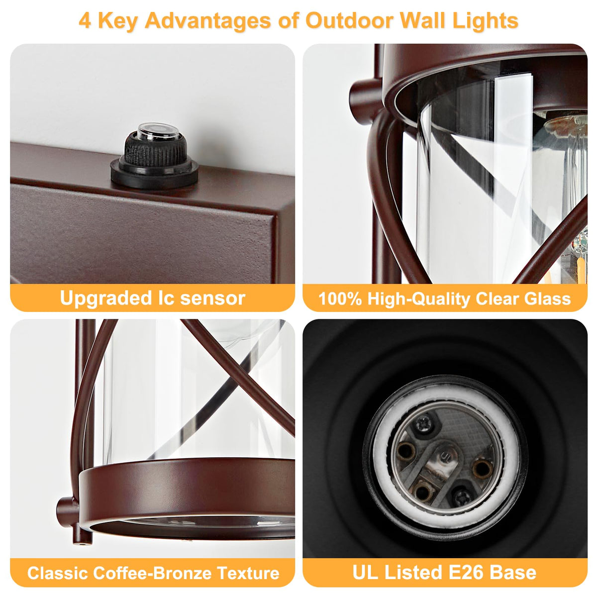 Dusk to Dawn Outdoor Wall Lights Fixtures (Coffee-Bronze / 12.8''(2-Pack))
