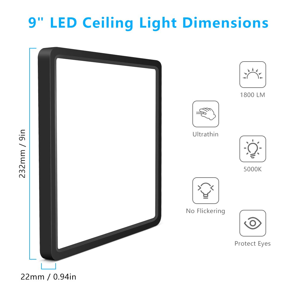 9Inch 18W Square LED Ceiling Light Fixtures Flush Mount (Daylight White / 9 inch Black)