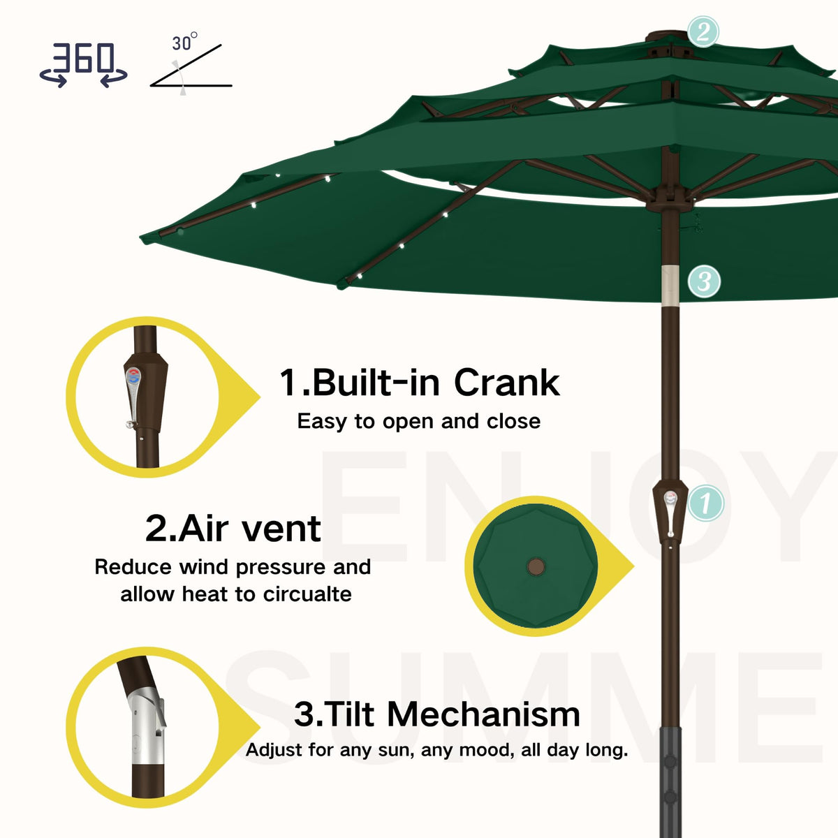 9ft 3 Tier Patio Umbrella with Solar Lights (Dark green / 9 FT)