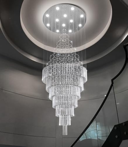 W32 x H120 Glam Chandelier with LED Bulbs Crystal Raindrop High Ceiling Pendant Light for Entrance Large Villa Chandelier Foyer Lighting Fixtures Silver (Silver / Round W32" X H118")