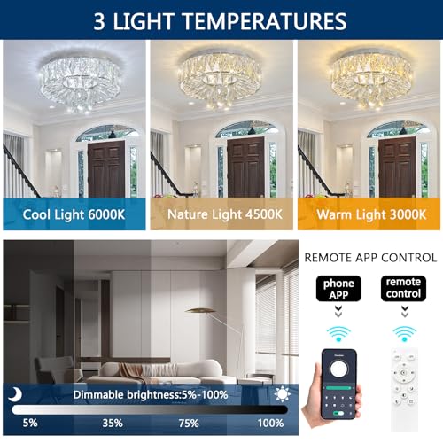Mini Chandelier Modern Crystal Chandeliers for Hallway Light Fixture LED Flush Mount Ceiling Light Dimmable Lamp for Dining Room Living Room Bedroom (Silver / 11.8" Width)