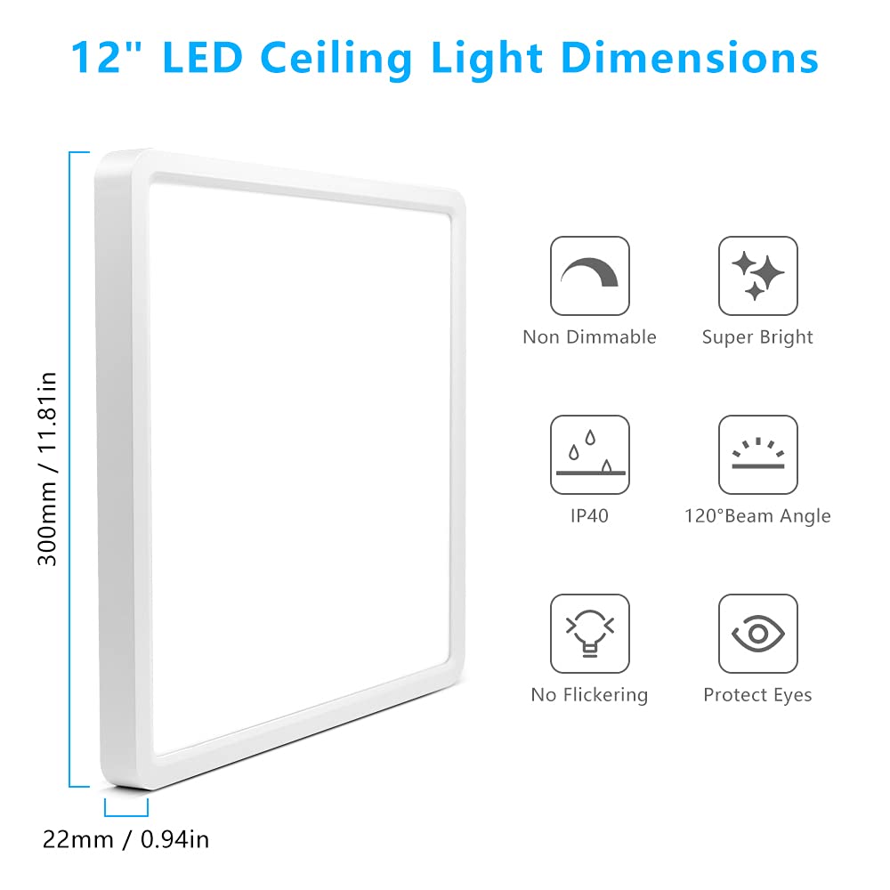 12Inch 24W Square LED Ceiling Light Fixtures Flush Mount (Warm White / 12 inch White)