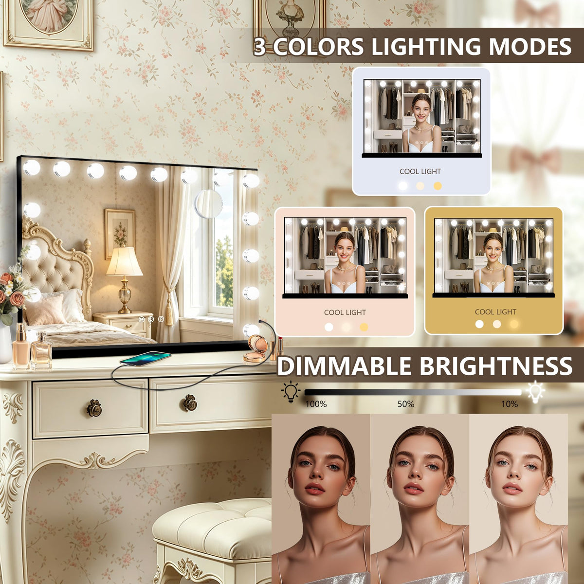 Black Hollywood Vanity Mirror with Lights (Black / 26"L x 20"W)