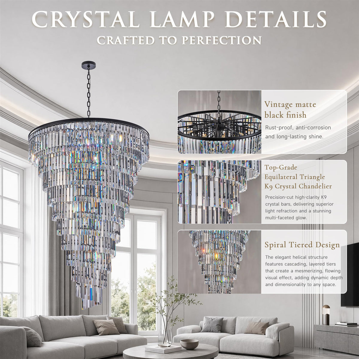 48 Lights Spiral Crystal Chandelier Black Modern Light Fixture Large Chandelier (48''( Black))