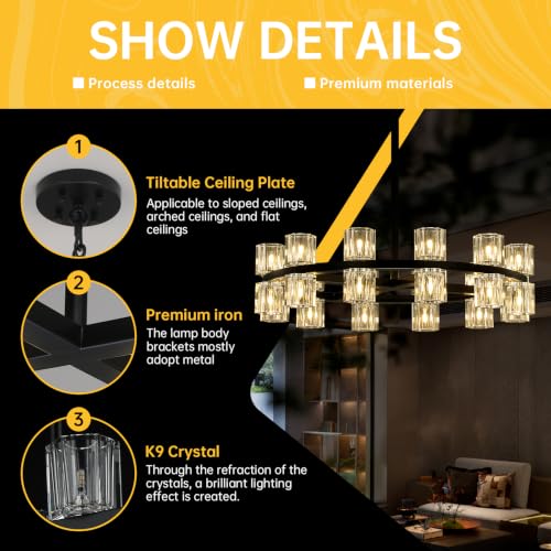 24 Lights Dia 26" Black Crystal Chandeliers for Dining Room Light Fixture (Black / Round D26'' 24-Lights)