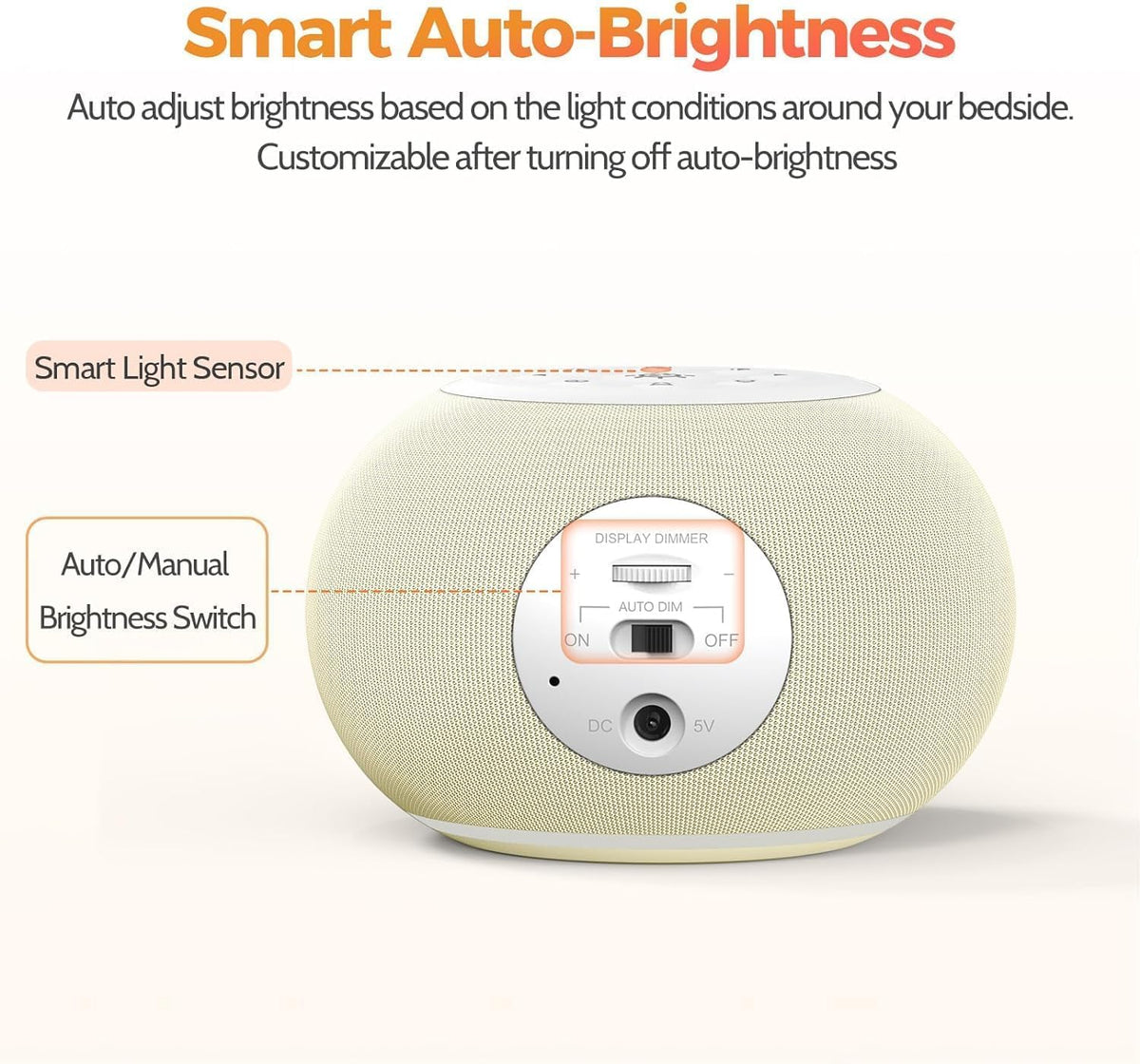 Auto Dimmable Sound Machine Alarm Clock with Night Light for Girls (Beige)