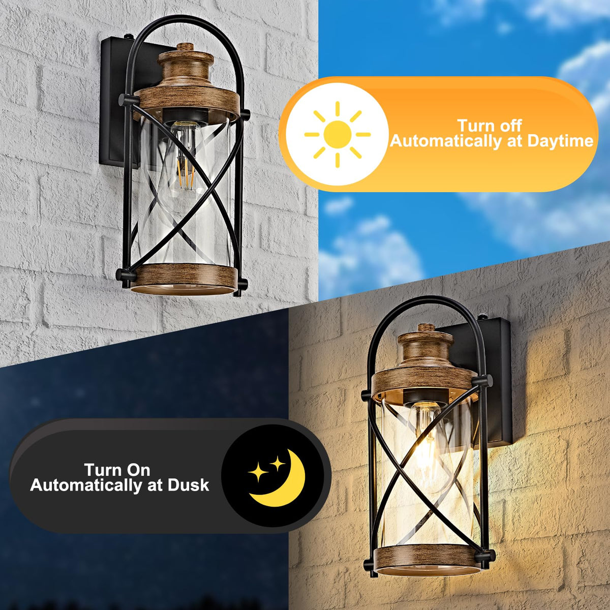 Dusk to Dawn Outdoor Wall Lights Fixtures (Wood Grain / 12.8''(2-Pack))
