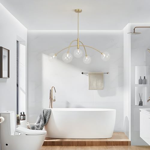 5 Light Modern Brass Chandelier Fixture White Clear Globe Glass Shade Pendant Light Gold Kitchen Ceiling Large Chandelier for Dining Room Kitchen Bedroom (Gold-Clear)