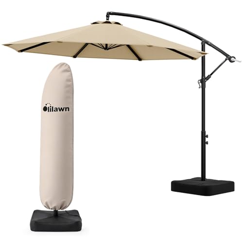 10FT Cantilever Offset Patio Umbrella with Base and Umbrella Cover (Wheat / 10FT w/ BASE)