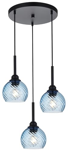 3 Light Pendant Lighting with Striped Swirl Globe Glass Blue Cluster Pendant Light for Kitchen Island (Blue / 3-Light-Round Cluster)