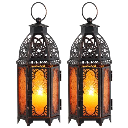 Set of 2 Moroccan Lanterns Decorative Indoor & Outdoor (Medium / Amber - 11''h)