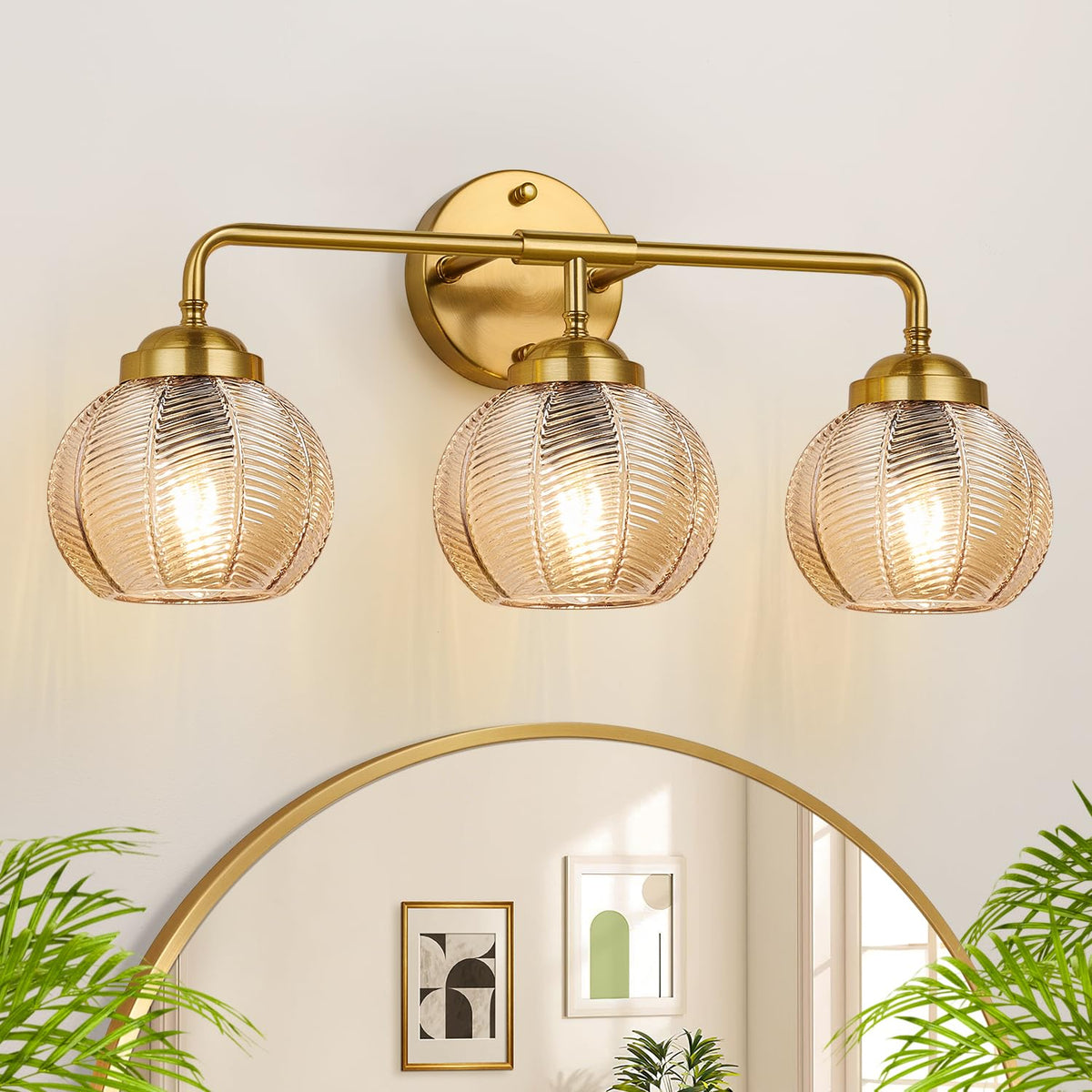Bathroom Light Fixtures (Amber Glass-Brushed Gold / 3-Light)