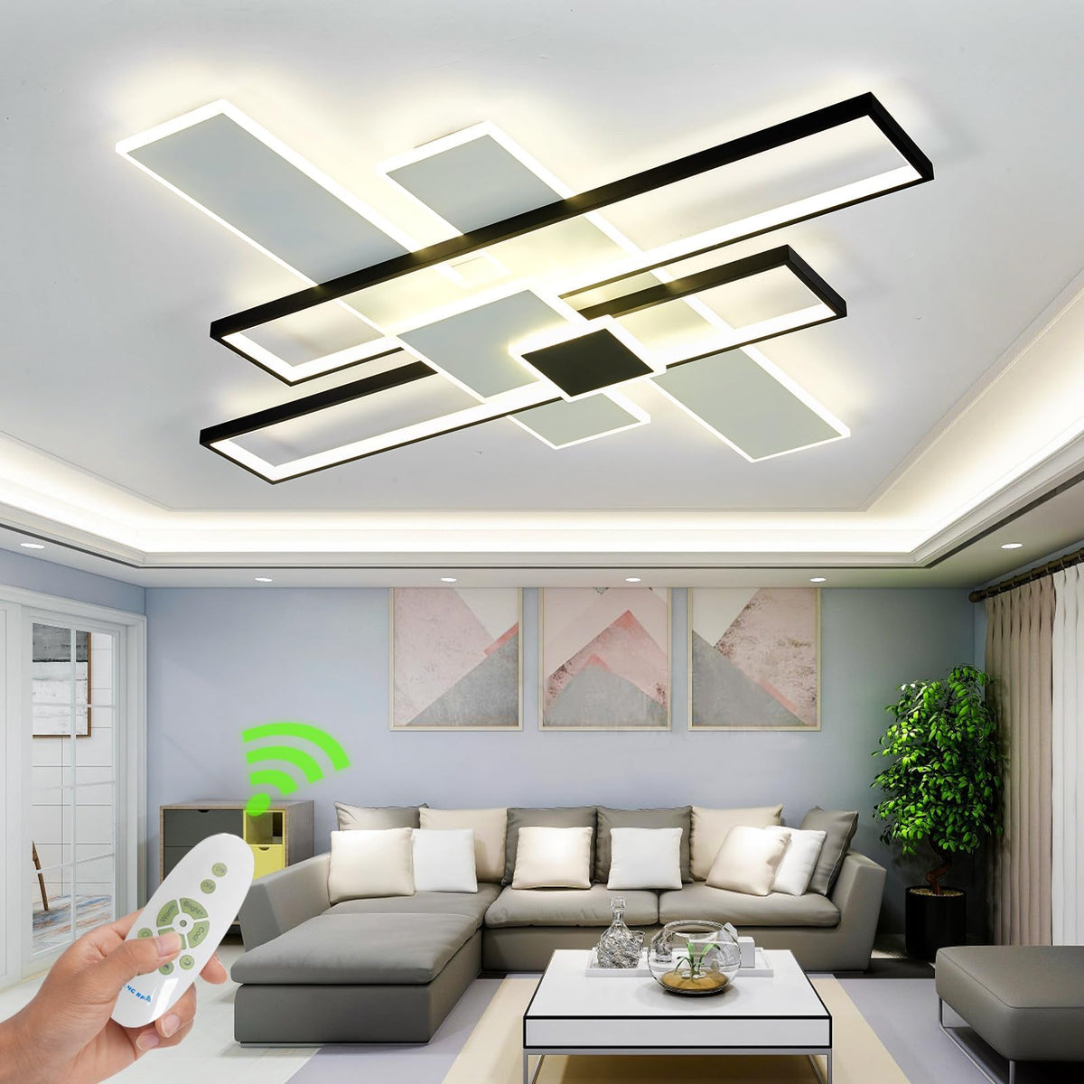 Large Geometric LED Flush Mount Ceiling Light (Black / X-Large,L41xW40in)