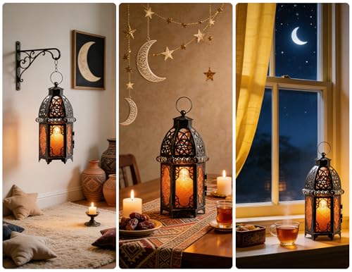 Vintage Large Size Decorative Ramadan Candle Lantern (Large / Amber - 12.8''h)