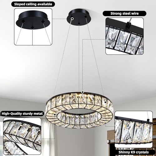 Crystal Chandeliers Modern Black LED Chandelier Adjustable LED Ceiling Light Fixtures Black Hanging Pendant Lights for Living Room Dining Room (14" Chandelier BK)