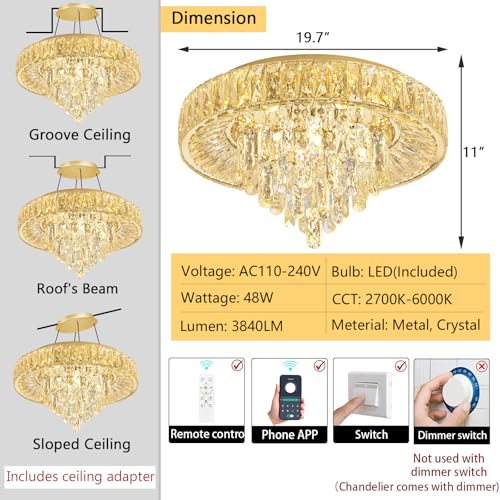 Modern Crystal Chandeliers for Dining Room LED Light Fixture Close to Ceiling Chandelier Flush Mount Ceiling Light Dimmable Lamp with Remote for Living Room Bedroom Hallway (Gold / 19.7" Width)