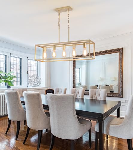 Gold Rectangle Kitchen Island Lights Rectangular Modern Industrial Chandelier for Dining Room 5 Lights Linear Vintage Cage Light Fixtures UL Listed (Gold)